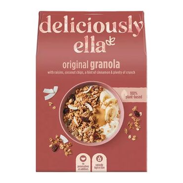 Deliciously Ella Original Granola Gluten Free Rolled Oats, Date Syrup, Raisins, Almonds, Sunflower Oil, Maple Syrup, Sunflower Oil, Maple Syrup, Sunflower Seeds, Orange Juice, Pumpkin Seeds, Desiccated Coconut Chips, Ground Cinnamon. 