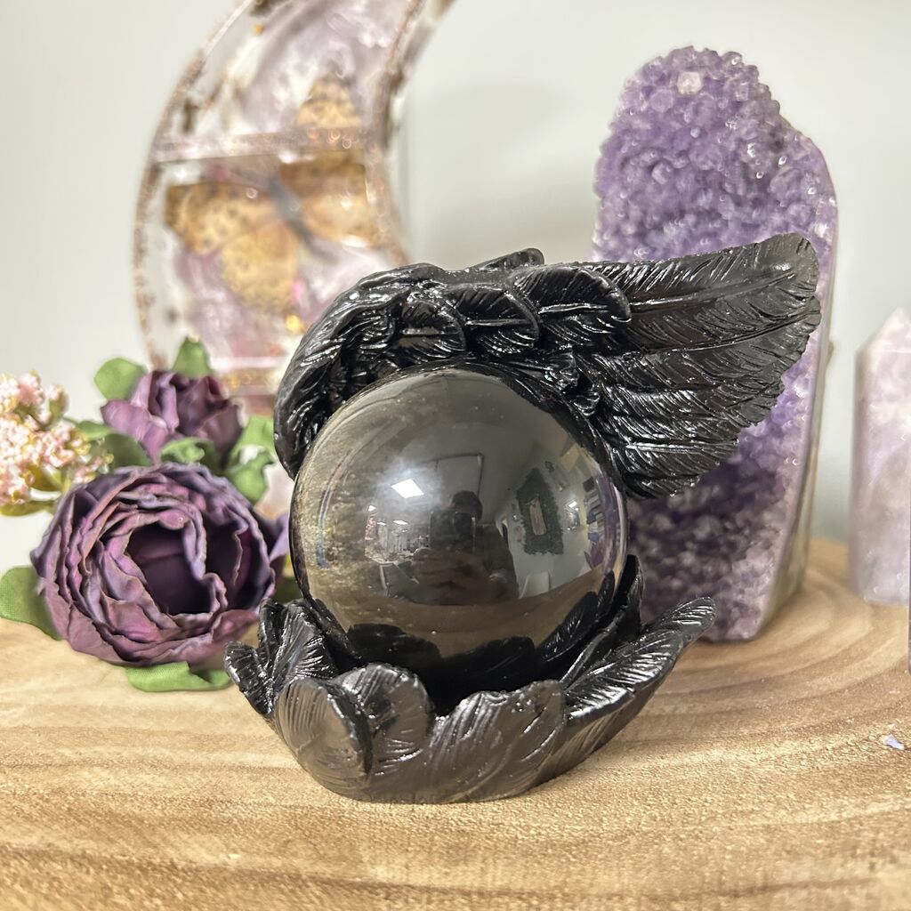 Crystal-sphere-holder-black-angel-wings