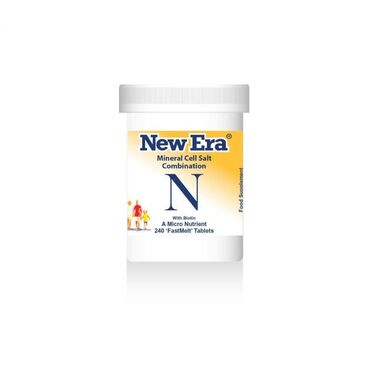 New Era Tissue Salts Combination N Lactose (milk), gum arabic, biotin, silica. Dissolve 4 to 8 tablets on or under the tongue 3 times per day. Children under 12 years of age should use half dosage. It is quite safe to take these New Era Tissue Salt tablets alongside other medicines or supplements. Do not exceed the recommended dose.