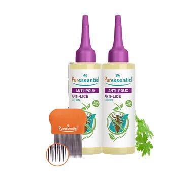 Puressentiel Anti Lice Treatment + Comb 100% Natural Origin
- 6 Vegetable Oils of Sweet Almond, Calophyll, Coconut, Jojoba, Castor, Sunflower
- 4 Essential Oils of Tea Tree, Clove Tree, True Lavender, Pink Geranium Apply Puressentiel Head Lice Treatment Lotion generously to dry hair, section by section, ensuring each hair is completely covered. Leave on for 15 minutes. Wash your hair with the Puressentiel Pouxdoux® shampoo or your usual shampoo. Carefully comb hair with the lice comb to remove dead larvae, nits and lice. Re-apply after 3 days if necessary. Quantity to be applied depends on hair length: up to 1 bottle per head to be treated.