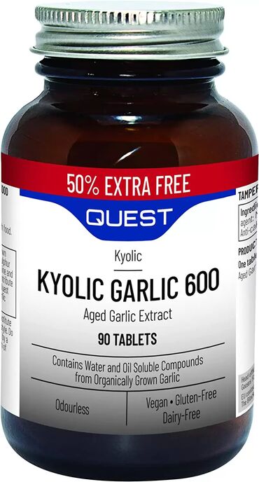 Quest Kyolic Garlic 600mg - Extra Fill Aged Garlic Extract, Hydroxypropylmethylcellulose, Bulking Agent (microcrystalline cellulose), Croscarmellose sodium, Anticaking Agent (silicon dioxide, magnesium stearate).