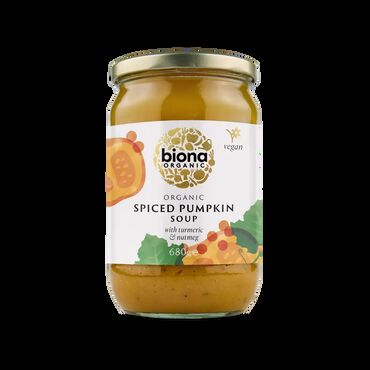 Biona Organic Spiced Pumpkin Soup Water, Pumpkin*(26%), Red Lentils* (16%), Leeks*, Onions*, Mango Puree*, Carrots*, Rice Starch*, Sea Salt, Corn Flour*, Indian Curry* (turmeric*, mustard seeds*, coriander seeds*, black pepper*, ginger*, garlic*, paprika*), Celery*, Onion Powder*, Lovage*, Garlic*, Bay Leaves*, Black Pepper*, Nutmeg*(<1%), Turmeric*(<1%). * = Certified Organic Ingredients