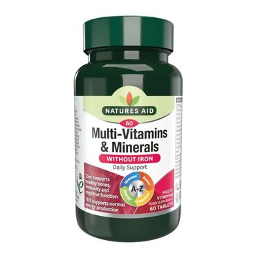 Natures Aid Multivitamin Without Iron Microcrystalline Cellulose, Magnesium Oxide, Di-Calcium Phosphate, Vitamin C Prep. (Ascorbic Acid, Hydroxypropylmethylcellulose), Zinc Gluconate, Niacin (as Nicotinamide), Vitamin E (as d-Alpha Tocopheryl Acid Succinate), Anticaking Agent (Magnesium Stearate), L-Seleomethionine Prep. (Dicalcium Phosphate, L-Selenomethionine), Manganese Gluconate, Vitamin A Prep. (Maltodextrin, Acacia, Corn Starch, Vitamin A Acetate, D,L-Alpha Tocopherol) Copper Gluconate, Pantothenic Acid (as Calcium Pantothenate), Vitamin B6 (As Pyridoxine Hydrochloride), Vitamin D3 Prep. (Corn Syrup, Arabic Gum, Fractionated Coconut Oil, Cholecalciferol, D-Alpha Tocopherol, Silicon Dioxide, Sodium Ascorbate), Anticaking Agent (Silicon Dioxide), Thiamin Potassium, Thiamin (as Hydrochloride), Riboflavin, Folic Acid, Chromium Picolinate, Iodide, Vitamin B12 Prep. (Cyanocobalamin, Calcium Phosphate), D-Biotin. Take 1 tablet per day with food.