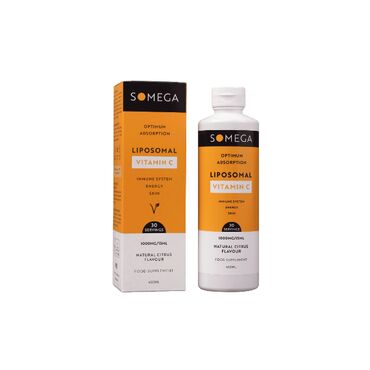 Somega Liposomal Vitamin C Organic glycerin, non-GMO sunflower oil containing phosphatidylcholine, purified water, liposomal Vitamin C as ascorbic acid, natural flavours, Vitamin E, natural colours, acid: citric acid; oleic acid.