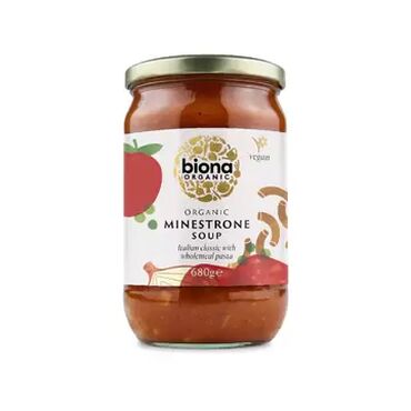 Biona Organic Minestrone Soup tomatoes (from concentrate)* (41%), water, garden peas* (3%), onions* (3%), white cabbage*, celeriac*, carrots*, agave syrup*, french beans*, macaroni* (durum wheat*) (3%), leeks*, rice starch*, olive oil*, lemon juice* (concentrate), sea salt, corn ﬂour*, garlic*, onion powder*, basil*, turmeric*, horseradish*, thyme*, nutmeg*. * = Certified Organic Ingredients.