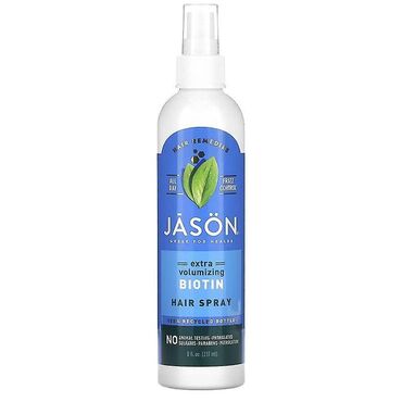 Jason Extra Volumizing Biotin Hair Spray Aqua (Water), SD Alcohol 40-B, Methacryloyl Ethyl Betaine/Acrylates Copolymer, Polysorbate 20, Aloe Barbadensis Leaf Juice*, Camellia Sinensis Leaf Extract*,Chamomilla Recutita (Matricaria) Flower Extract*, Biotin, Glycerin, Glycoproteins, Panthenol, Retinyl Palmitate, Potassium Sorbate, Sodium Benzoate, Alcohol*, Alpha-Isomethyl Ionone, Amyl Cinnamal, Benzyl Benzoate, Benzyl Salicylate, Butylphenyl Methylpropional, Cinnamyl Alcohol, Coumarin, Eugenol, Geraniol, Hexyl Cinnamal, Linalool, Fragrance (Parfum) *Certified Organic Ingredient