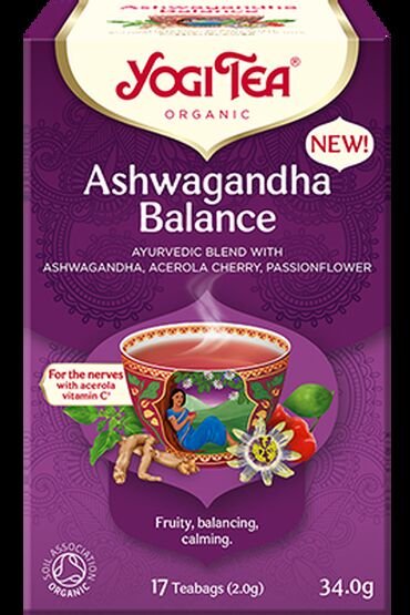 Yogi Ashwagandha Balance Tea Dried acerola juice*, rose hips*, lemon grass*, peppermint*, liquorice*, hibiscus*, ashwagandha*, apple*, passionflower*, lemon balm*, aronia berries*, cinnamon*, orange peel*, beetroot*, sweet blackberry leaves*, cranberries*, orange oil*, lemon oil*.
 
*certified organic