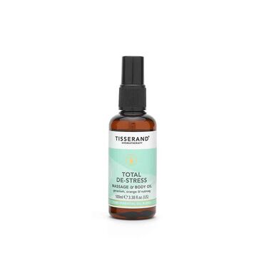 Tisserand Total De-Stress Massage & Body Oil Sesamum Indicum (Sesame) Seed Oil, Simmondsia Chinensis (Jojoba) Seed Oil, Citrus Aurantium Dulcis (Orange) Peel Oil, Cinnamomum Camphora Linalooliferum Wood Oil, Lavandula Angustifolia (Lavender) Oil, Pelargonium Graveolens (Geranium) Oil, Mentha Citrata Herb Oil, Tocopherol, Pogostemon Cablin (Patchouli) Oil, Citrus Aurantium (Orange) Leaf Oil, Myristica Fragrans (Nutmeg) Kernel Oil, Limonene*, Linalool*, Citronellol*, Citral*, Geraniol*, Coumarin*
*Naturally Occurring in essential oils Total De-Stress Ritual: After a bath or shower, warm oil between your palms &amp; massage into the skin with gentle sweeping movements.