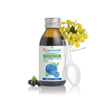 Puressentiel Respiratory Acti-Pure Kids Cough Syrup Wheat syrup (gluten free), Water, Dry extracts: Elderberries (Sambucus nigra L. fruit) 751.7mg, Erysimum (Sisymbrium officinale aerial parts) 188mg, Honey, Lemon juice (Citrus Limon), Vitamin D3 Cholecalciferol 1.1mcg. Children aged 3 to 6 years: 2.5 ml (half a teaspoon) of syrup 2 to 3 times per day. Children aged 6 to 12 years: 5 ml (one teaspoon) of syrup 2 to 3 times per day