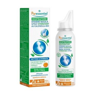 Puressentiel Respiratory Nasal Hygiene Hydrating Spray Sea water rich in trace elements, purified water.
Humectant: ORGANIC Calendula extract. For daily nasal hygiene.
Activate the spray by briefly pressing on the nozzle. Keeping the head upright, spray once or twice into the nostril. Wipe away any excess and blow nose. Repeat in the other nostril. Use twice a day, preferably in the morning and in the evening, at bedtime.