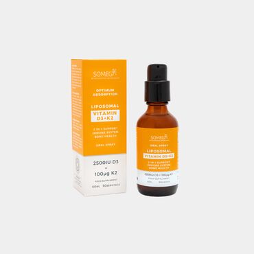 Somega Liposomal D3 & K2 Purified water, organic glycerin, phosphatidylcholine (from non-GMO sunflower oil), liposomal Vitamin D3 (cholecalciferol) and Vitamin K2 (menaquinone-7), natural colour: beta carotene, Vitamin E, acid: citric acid, natural flavour: orange.