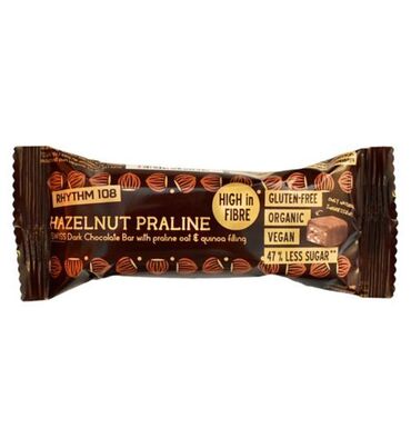 Rhythm 108 Hazelnut Praline Chocolate Bar Raw Cane Sugar*, Hazelnuts* (24%), Cacao Butter*, Cacao Mass*, Glutenfree Oat Flour* (8%), Agave Fiber*, Quinoa* (1.2%), Sunflower Oil*, Emulsifier (Sunflower Lecithin*), *Organic