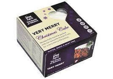 The Foods of Athenry Very Merry Christmas Cake Fruit 46% (Raisin’s, Sultana’s, Cherries, Mixed Peel, Dates, Prunes), Gluten Free Flour (Rice, Potato, Tapioca, Maize &amp; Buckwheat), 100% Vegetable Margarine, Eggs, Mixed Nuts, Brown Sugar, Marzipan (Nuts), Sugar Paste, Irish Cider, Brandy, Cinnamon, Mixed Spice, Orange Rind Oil, Lemon Rind Oil, Concentrated Fruit Juice (apple,grape, pear), Raising Agents, (Mono calcium phosphate, sodium bicarbonate), Stabiliser: Xanthan Gum.Margarine contain: (vegetable oil (Sustainable palm oil, rapeseed oil), water, salt, emulsifier (E475), natural flavouring).Glace Cherries contain: (cherries, sugar, glucose-fructose syrup, acidity regulator: citric acid, colour: anthocyanin).Mixed Citrus Peel contains: (orange &amp; lemon peel, glucose-fructose syrup, acidity regulator: citric acid)Marzipan contains: (almonds, sugar, glucose syrup, almond oil, stabiliser E420)(nuts)Sugar Paste contains: (sugar, glucose syrup, water, vegetable oil, glycerine, emulsifier E471, acidity regulators: E262, E260, stabiliser E419, vanilla)