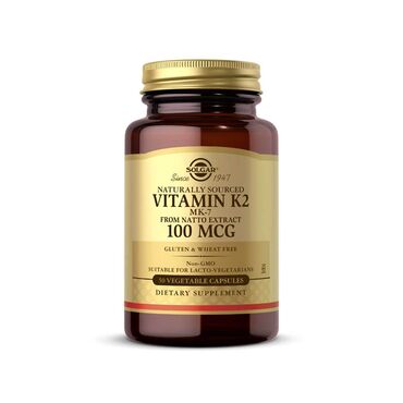 Solgar Natural Vitamin K2 (MK-7) 100ug Bulking Agents: (dicalcium phosphate, dextrin, maltodextrin), Vegetable Capsule Shell: hydroxypropylmethyl cellulose, Anti-caking Agents: (vegetable magnesium stearate, silicon dioxide), Cellulose Gum, Vitamin K2 (as menaquinone-7). As a food supplement for adults take 1 per day