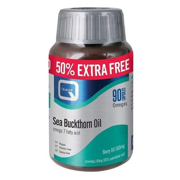 Quest Sea Buckthorn Oil Omega 7 50% Extra Free Sea Buckthorn Oil, Capsule Shell: corn starch, carrageenan.