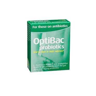 OptiBac Probiotic For Those on Antibiotics Filler: potato starch; vegetarian capsule: hydroxypropyl methylcellulose, titanium dioxide; Live cultures: (Lactobacillus rhamnosus,Rosell-11, and'Lactobacillus acidophilus, Rosell-52); anticaking agent: magnesium stearate; antioxidant: ascorbic acid. Take 1 capsule daily with food, preferably with breakfast, every day during antibiotic course and preferably for one week after, or as professionally directed. Continue taking until pack is completed and add a second pack if the antibiotic treatment lasts more than one week. This product has been scientifically researched alongside antibiotics, and can safely be taken at the same time as antibiotics.