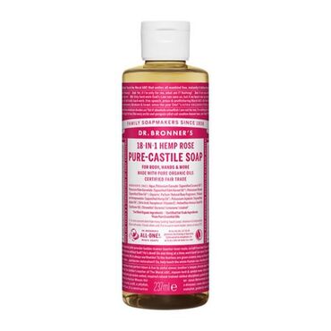 Dr Bronner Rose Castile Soap Aqua, Potassium Cocoate (Saponified Coconut Oil*‡), Potassium Palm Kernelate (Saponified Palm Kernel Oil*‡), Potassium Olivate (Saponified Olive Oil*‡), Glycerin*, Parfum (Natural Rose Fragrance), Potassium Hempseedate (Saponified Hemp Oil*), Potassium Jojobate (Saponified Jojoba Oil*), Citric Acid, Tocopherol (Vitamin E), Helianthus Annuus Seed Oil (Sunflower Oil), Citronellol♢, Geraniol♢, Limonene♢, Linalool♢ *Certified Organic Ingredients/ ‡Certified Fair Trade Ingredients ♢From Pure Essential Oils How to Use:Body &amp; Face: Apply a small amount to wet skin, lather, and rinse.Hair: Dilute before use for a gentle shampoo.Household Cleaning: Mix with water for an all-purpose cleaner.Fair Trade, Vegan, and Cruelty-Free.