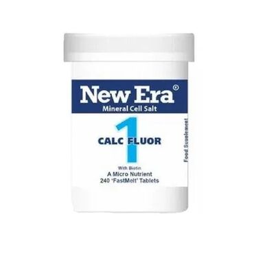 New Era Tissue Salts No 1 - Calc Flour Calcium Fluoride, Other Ingredients: Lactose (milk), gum arabic, biotin How to take:
Adults: Dissolve 4 to 8 tablets on or under the tongue 3 times per day. 
Children to 12yrs: Half dosage.