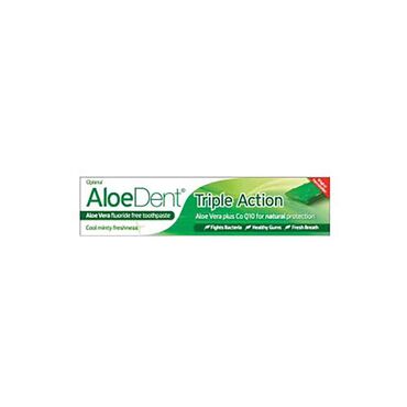 Aloe Dent Triple Action Toothpaste Glycerin, Sorbitol, Hydrated Silica, Aloe Barbadensis (Aloe Vera) Leaf Juice, Aqua, Xylitol, Sodium Lauroyl Sarcosinate, Sodium Monofluorophosphate, Mentha Piperita (Peppermint) Oil, Carboxymethyl Chitosan, Escin (from Horse Chestnut), Hydroxyethylcellulose, Menthol, Phenoxyethanol, Ubiquinone, Melaleuca Alternifolia (Tea Tree) Leaf Oil, Citric Acid, CI75810 (Chlorophyllin-Copper Complex), Limonene* 
*(constituent of essential oils).
Contains sodium monofluorophosphate, a source of fluoride. Brush twice daily with Aloe Dent for healthy teeth and gums. It is recommended that children should be supervised when brushing their teeth.