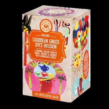 Ministry Of Tea Caribbean Ginger Spice Infusion Tea Organic Ginger (40%), Organic Turmeric, Organic Liquorice, Organic Lemongrass, Organic Black Pepper, Organic Cinnamon, Organic Cardamom, Natural Ginger Flavour Steep in water for 3-5 minutes...or longer if you like it stronger! Sip and enjoy.