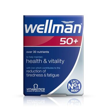 Vitabiotics Wellman 50+ Maltodextrin, Bulking Agent: Microcrystalline Cellulose, Vitamin C (Ascorbic Acid [Carriers: Hydroxypropylmethylcellulose &amp; Tartaric Acid]), Niacin (as Nicotinamide), Zinc Sulphate, Phosphatidylcholine (from Soya), Tablet Coating (Hydroxypropylmethylcellulose, Glycerin, Colours [Titanium Dioxide, Iron Oxides]), Thiamin (Vitamin B1 as Mononitrate [Carrier: Hydroxypropylmethylcellulose]), L-Arginine, Silicon Dioxide, L-Methionine, Anti-Caking Agents: Stearic Acid &amp; Magnesium Stearate, Betacarotene (Carriers: Starch, Water, Antioxidant: DL-Alpha Tocopherol), Ferrous Fumarate, Vitamin E (D-Alpha Tocopheryl Acid Succinate) (from Soya), Citrus Bioflavonoids, Pantothenic Acid (as Calcium Salt), L-Carnitine Tartrate, Vitamin B6 (Pyridoxine HCl), Vitamin A (Acetate [Carriers: Acacia, Maltodextrin, Starch, Antioxidant: DL-Alpha Tocopherol]), Para Amino Benzoic Acid, Lutein &amp; Zeaxanthin Esters (Marigold Extract: Carriers: Sugar, Cellulose, Tapioca Dextrin, Antioxidants: Natural Mixed Tocopherols), Vitamin D3 (Cholecalciferol [Carriers: Acacia, Sucrose, Corn Starch, Medium Chain Triglycerides, Antioxidant: DL-Alpha Tocopherol]), Riboflavin, Siberian Ginseng Extract, L-Glutathione, Copper Sulphate, Coenzyme Q10, Manganese Sulphate, Chromium Trichloride, Folic Acid (as Pteroylmonoglutamic Acid), Potassium Iodide, Sodium Selenate, Biotin, Vitamin B12 (Cyanocobalamin). Allergy Advice: For allergens, see ingredients in bold.