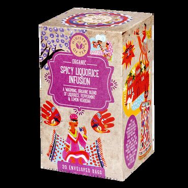 Ministry Of Tea Spicy Liquorice Tea Organic Liquorice Root, Organic Lemon Verbana, Organic Peppermint Leaf. Pour fresh boiling water over the tea bag. Infuse for 3-5 minutes. Add honey for a warming winter brew. Sip and enjoy!