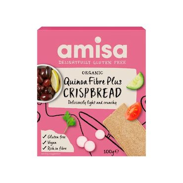 Amisa Organic Gluten Free Quinoa Fibre Plus Crispbread Corn Flour*, Rice Flour*, Quinoa* (9%), Psyllium Fibre*, Carob*, Sea Salt, *= Certified Organic ingredients