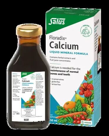 Salus Haus Floradix Calcium Aqueous herbal extract (54 %) from: carrot root (Daucus carota), roselle flower (Hibiscus sabdariffa), spinach leaf (Spinacia oleracea), rosehip (Rosa canina). Mixture from fruit juice concentrates (34 %) of: pear, orange, water, mango, carob extract, lemon, apple. Calcium gluconate, calcium lactate, thickener: locust bean gum, natural flavours. Adults: 20ml daily. Children between 3 &amp; 12years:10ml daily. (Measuring cap provided).