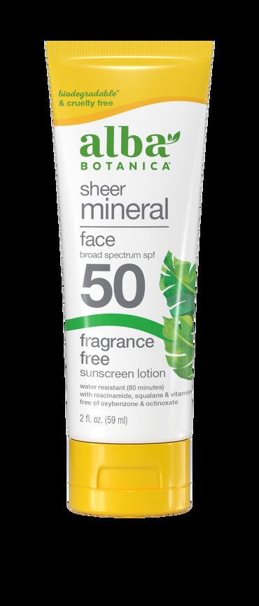 Alba Botanica Sheer Mineral Face Fragrance Free Sunscreen Lotion SPF 50 Active Ingredients Zinc Oxide – 24.1% Inactive Ingredients Water (Aqua), Caprylic/Capric Triglyceride, Ethylhexyl Olivate, Butyloctyl Salicylate, Isoamyl Laurate, Glyceryl Stearate SE, Niacinamide, VP/Hexadecene Copolymer, Triethoxycaprylylsilane, Tocopheryl Acetate, Glycerin, Polyhydroxystearic Acid, Potassium Cetyl Phosphate, Sodium Phytate, Squalane, Xanthan Gum, Alcohol (1), Ethylhexylglycerin, Phenoxyethanol
