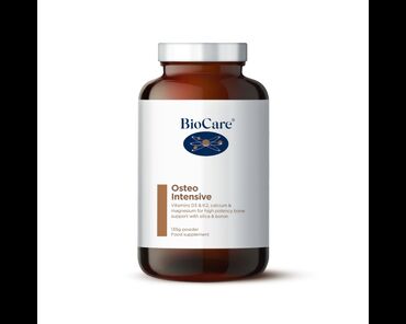 Biocare Osteo Intensive Powder Calcium Citrate, Magnesium Citrate, Bamboo Extract (Bambusa vulgaris Leaves), Vitamin D3 (Cholecalciferol), Vitamin K2 (Menaquinone-7), Sodium Borate, Manganese Citrate.     1 heaped teaspoon (approx.4.5g), or as professionally directed, stirred directly into water, or blended into a smoothie. Take daily with food.