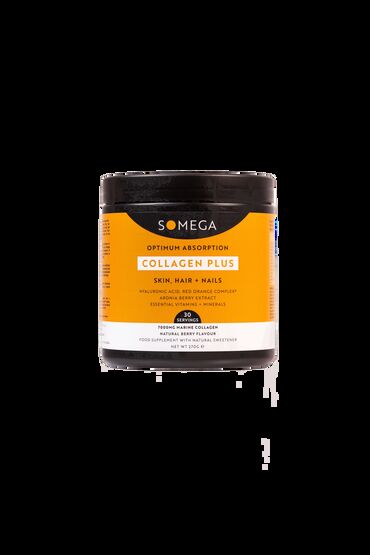 Somega Collagen Plus Hydrolysed Marine Collagen (FISH), Acid: Citric acid; Malic acid, Flavouring: Natural Berry, Aronia Berry (Aronia melanocarpa) Extract, Red Orange Complex® (Citrus sinensis) Extract, Vitamin C (Ascorbic Acid), Hyaluronic Acid, Zinc Citrate Dihydrate, Sweetener: Steviol Glycosides from Stevia, Vitamin B3 (Niacin), Selenium (L-Selenomethionine), Copper Gluconate, Vitamin A (Retinyl Acetate), Vitamin B2 (Riboflavin), Potassium Iodide, Vitamin B7 (Biotin).