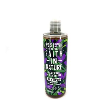 Faith In Nature Shampoo - Lavender & Geranium Aqua (Water)**, Ammonium laureth sulfate*, Maris sal (Sea salt), Polysorbate 20*, Lavandula angustifolia (lavender) oil*, Lavandula hybrida oil*, Pelargonium graveolens (geranium) oil* ,Melaleuca alternifolia (tea tree) leaf oil*, Anthocyanins*, Cocamidopropyl betaine*, Potassium sorbate, Sodium benzoate, Citric acid*, Linalool*, Citronellol*, Geraniol*
* Plant derived
** Water from the Lake District Massage the Lavender &amp; Geranium Shampoo gently into wet hair, rinse thoroughly until hair is clean and repeat if required. For best results, follow with Lavender &amp; Geranium Conditioner. In case of contact with eyes, rinse with clean water immediately. If irritation occurs, stop use. Keep out of reach of children. 

Part of the Faith In Nature natural shampoo range, all the hair care is Vegan Society Approved, cruelty-free and made using natural and organic ingredients