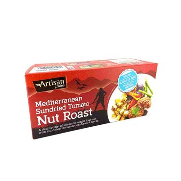 Artisan Grains Nut Roast Tomato Chopped Cashews (Nuts) (17%), Chopped Peanuts, Wholewheat Rusk (Gluten), Oat Flour (Gluten), Ground Peanuts, Breadcrumbs (Gluten), Sundried Tomatoes (6.5%), Tomatoes (6.5%), Seasoning (Sugar, Tomato Powder, Onion Powder, Dextrose, Garlic Powder, Yeast Extract Powder, Basil, Olive Oil, Paprika, Natural Flavourings, Acidity Regulator: Citric Acid), Dried Onion, Dried Mushrooms, Dried Oregano (1%), Black Pepper, Baking Powder, Salt
 Packed in a factory where sesame seeds are handled.
Store in a cool, dry place.