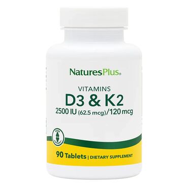 Nature's Plus Vitamin D3 & K2 Gelling agent (cellulose E460), cholecalciferol, gelling agent (vegetable cellulose E468), menaquinone-7, anti-caking agent (silica), rice bran extract, tapioca maltodextrin 1 capsule daily with food