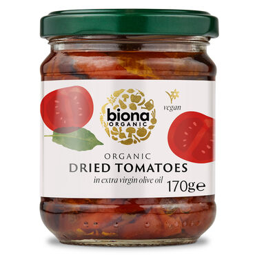 Biona Organic Sundried Tomatoes in Olive Oil Dried Tomatoes* (70%), Extra Virgin Olive Oil* (29%), Sea Salt, Chilli Peppers*, Bay leaves*, Oregano*, Wine Vinegar*
* = Certified Organic Ingredients