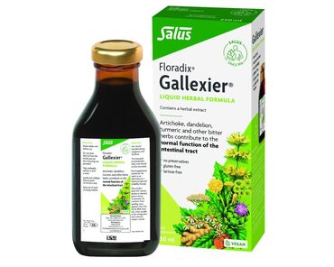 Salus Haus Floradix Gallexier (Digestive Bitter) Aqueous Extract (75%) from: Artichoke Leaves, Dandelion, Gentian Root, Turmeric Root, Milfoil Herb, Ginger, Camomile Flower, Fennel, Orange Peel, Blessed Thistle Herb, Bogbean Leaves, Cardamon. Fructose Syrup. Adults: Take 1 measuring capful or 4 tsp. (20 mL) before meals as an appetizer or after meals to aid digestion.

Children: 2 tsp. before meals as an appetizer or after meals as an aid to digestion.

Shake bottle well before use. Refrigerate after opening. Keep the bottle tightly closed.