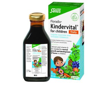 Salus Haus Floradix Kindervital Fruity Kids Multivitamin Mixture of fruit juice concentrates (51%) from: grape, water, carob extract, apple, apricot, pineapple, passion fruit, lemon. Aqueous herbal extract (40 %) of: carrot root (Daucus carota), anise fruit (Pimpinella anisum), coriander fruit (Coriandrum sativum), nettle leaf (Urtica dioica), watercress herb (Nasturtium officinale), spinach leaf(Spinacia oleracea), camomile flower (Matricaria recutita). Calcium lactate, calcium gluconate, natural flavours, thickener: guar gum / xanthan gum, vitamin C, niacin, vitamin E (as d-alphatocopheryl acetate), riboflavin (as riboflavin sodium phosphate), vitamin B6 (as pyridoxine hydrochloride), thiamine (as thiamin hydrochloride), vitamin A (as retinyl palmitate), vitamin D (cholecalciferol), vitamin B12 (cyanocobalamin). Children aged 3 and over: Take 10ml of Floradix Kindervital for Children twice daily, preferably before meals. Always read the product directions before use and do not exceed the recommended intake. Food Supplements should not be taken as an alternative to a balanced diet. Keep out of reach of children.