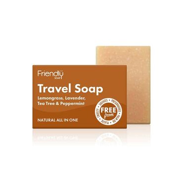 Friendly Soap Travel Soap Lemongrass Sodium cocoate, Sodium olivate, Aqua, Sodium castorate, Lavandula angustifolia (lavender) oil contains linalool, Cymbopogon flexuosus (lemongrass) oil contains citral, geraniol, limonene, linalool, Melaleucs alternifolia (tea tree) leaf oil, Mentha piperita (peppermint) oil, Aloe barbadensis (aloe vera) leaf juice powder