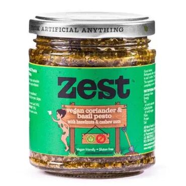 Zest Vegan Coriander And Basil Pesto Extra Virgin Olive Oil, Rapeseed Oil, Coriander Leaf (17%), Basil (14%), Ground Hazelnuts (13%), Ground Cashew Nuts (10%), White Wine Vinegar, Garlic Purée, Salt, Concentrated Lemon Juice, Black Pepper