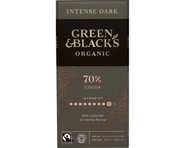 Green & Black's Organic Dark Chocolate Bar 70% Organic Cocoa Mass, Organic Raw Cane Sugar, Organic Cocoa Butter, Emulsifier: Soya Lecithin, Organic Vanilla Extract, Organic Whole Milk Powder.