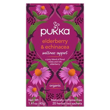 Pukka Elderberry & Echinacea Organic Tea Licorice Root*, Ginger Root*, Echinacea Root and Leaf* (10%), Beetroot*, Aniseed*, Elderflower* (8%), Peppermint Leaf*, Orange Peel*, Elderberry* (6%), Rosehip*, Acerola Juice Flavour*, Orange Essential Oil Flavour*, Natural Blackcurrant Flavour. *Organic Ingredients (99.9%) contains non-organic Lecithin. Use one tea bag per cup. Leave to brew for 3-4 minutes in freshly boiled water. Enjoyed best without milk or sugar.