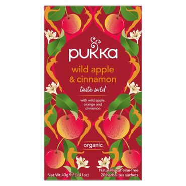 Pukka Wild Apple & Cinnamon Organic Tea Cinnamon bark (28%), licorice root, ginger root (14%), orange peel, chamomile flower, wild apple (6%), cardamom pod, orange essential oil flavour, clove bud. Use one tea bag per cup. Leave to brew for 3-4 minutes in freshly boiled water. Enjoyed best without milk or sugar.