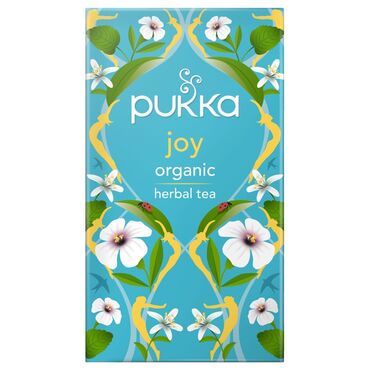 Pukka Joy Organic Tea 100% organic ingredients: Lemon balm leaf (29%), lemongrass (29%), lemon verbena leaf (13%), licorice root, lemon vana tulsi leaf (5%), lavender flower, orange essential oil flavour (5%), bergamot essential oil flavour, rose flower. 10% FairWild certified ingredient (licorice) by dried weight. 44% fair trade ingredients certified according to the Fair for Life Standard – lemongrass, licorice, lemon vana tulsi.