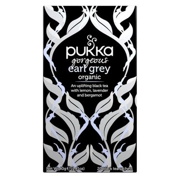 Pukka Gorgeous Earl Grey Organic Tea Black tea blend (Putharjhora Dooars, Darjeeling late flush), bergamot essential oil flavour (7%), lemon essential oil flavour (3%), lavender flower (2%). Use one tea bag per cup. Leave to brew for 3-4 minutes in freshly boiled water. Enjoyed best without milk or sugar.