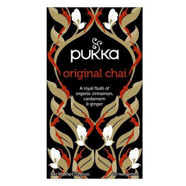 Pukka Original Chia Organic Tea Fairtrade cinnamon bark (40%), Fairtrade black tea (20%), ginger root (20%), cardamom seed (10%), licorice root. Use one tea bag per cup. Leave to brew for 3-4 minutes in freshly boiled water. Enjoyed best without milk or sugar.