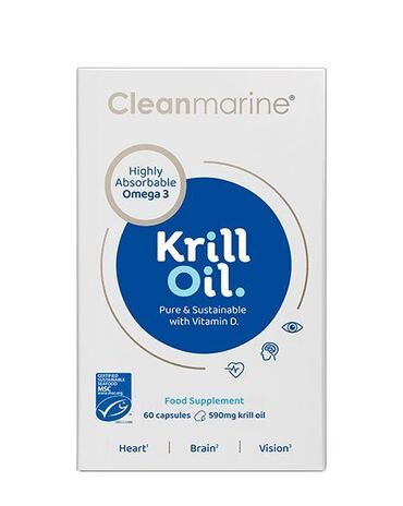 Cleanmarine Krill Oil Caps Pure Omega 3 Phospholipid Krill Oil with naturally occurring Choline and Astaxanthin, 10μg of vitamin D3 Take 2 capsules daily.