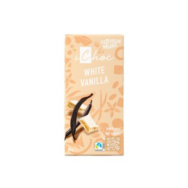 iChoc Vanilla White Chocolate cocoa butter*° 37%, raw cane sugar*, rice syrup powder*, tiger nuts (ground)*, salt, bourbon vanilla extract*, bourbon vanilla pod* (ground)*from organic agriculture