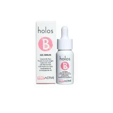 Holos ABC Active B Gel Serum Aqua (Deionised), Niacinamide, Aloe Barbadensis (Aloe Vera) juice powder, Cucumis Sativus (Cucumber) Fruit Extract, Glycerine (Veg), Hyaluronic Acid, Butylene Glycol, Nicotiana Benthamiana (Tobacco) Plant Hexapeptide-40 sh-Polypeptide-76, Sodium Benzoate &amp; Potassium Sorbate (Eco Preservative), Xanthan Gum, Citric Acid, Mentha Spicata (Spearmint) Herb Oil, Nobilis (Mandarin) peel oil, Cinnamomum Camphora Linalooliferum (Ho wood) Oil, Limonene, Linalool. Apply a pea-sized amount to clean, damp skin on the face and neck once daily, gently massaging until absorbed. Use before your moisturiser. If incorporating into the Holos ABC Active range, apply in the morning before your C treatment, following the use of A the night before.