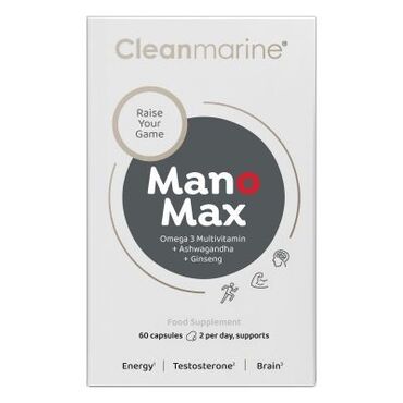 Cleanmarine Manomax Caps Euphausia superba 350mg (Krill Oil, 42%, Crustacean), softgel capsule (fish gelatine, glycerine, sorbitol, ferrous oxide), MCT Oil, Co enzyme Q10 (25mg), Beeswax, Zinc oxide, Vit B1, Vit B6, Vit B2, Selenium &amp; Vit D3