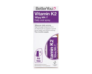 Better You Vitamin K2 Oral Spray Purified water, xylitol, acacia gum, menaquinone-7 (vitamin K2), sunflower lecithin, citric acid, preservative: potassium sorbate, peppermint oil, DL-a-toco eryl acetate (vitamin E).Each daily dose (3 sprays) contains Vitamin K2 180?g 240% EC NRV Take 3 sprays daily or as recommended by your healthcare practitioner. Shake well before every use. Depress the pump 3 times to prime and carefully spray 3 times against the inner cheek. Research has found this to be the most absorbent area.Initial use: press the pump 3 times to get the liquid flowing.Shake well before every use. Carefully spray into your mouth, ideally onto the inside of your cheek, and hold for a few seconds.Replace the cap after use.